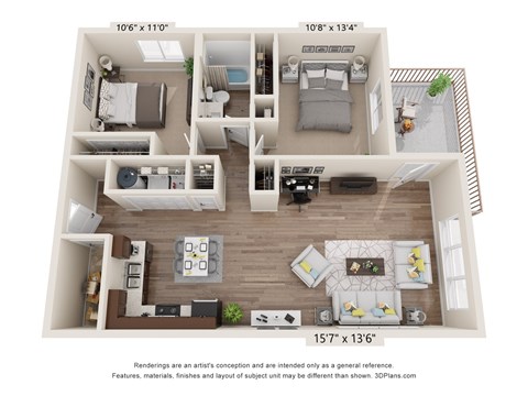 Floor plan for 2 beds, 1 bath, 981 sqft